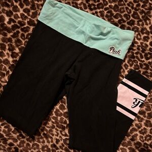 PINK Victoria's Secret Foldover Leggings - Black and Mint
